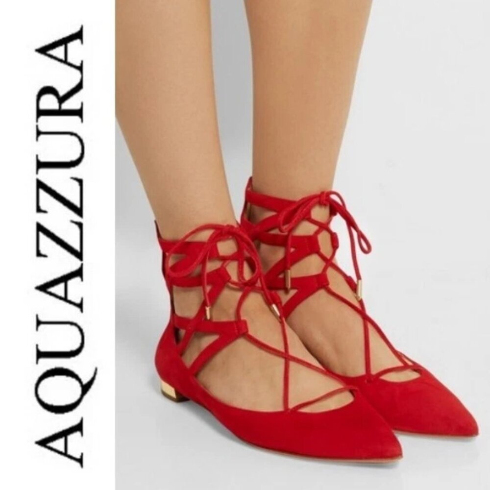 Authentic Aquazzura Christy Sorbet Red Suede Lace-up Ballet Flats US 5 (35) $675
